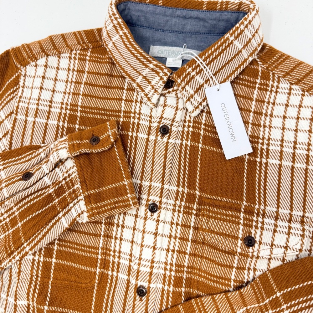 Outerknown Blanket‎ Shirt Mens Small Brown White Plaid Organic Cotton NEW